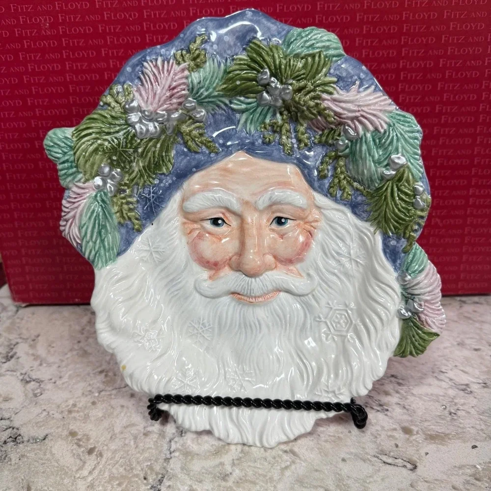 Fitz and Floyd Classics Crystal Winter Santa Claus Face‎ Platter Hand Crafted